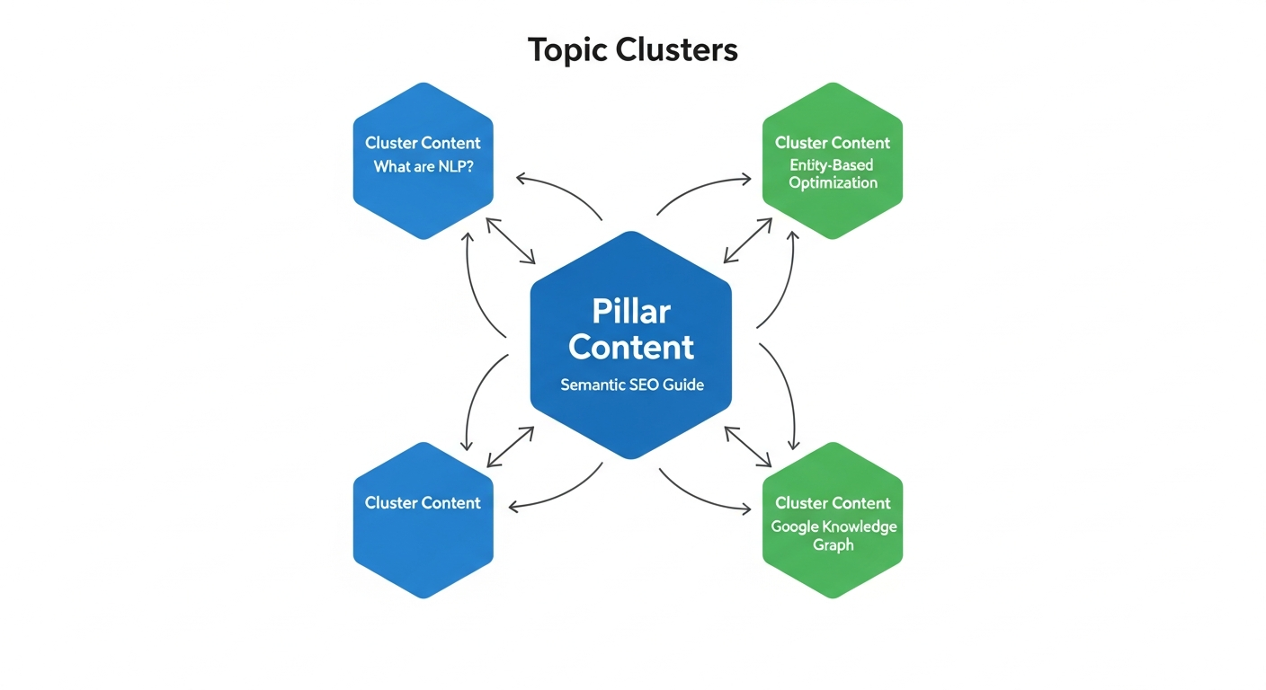 A diagram illustrating the concept of 'topic clusters'. Show a central 'pillar content' node with several satellite 'cluster content' nodes orbiting or branching off it, all connected with arrows, representing internal linking and topical coverage. Each node should have a small icon or label indicating its content type.